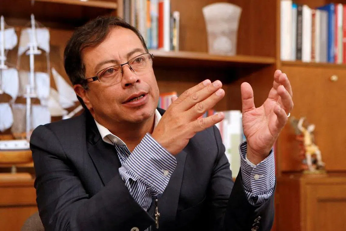 FILE PHOTO: Then Colombian presidential candidate Gustavo Petro, speaks during an interview with Reuters in Bogota, Colombia, April 10, 2018. Picture taken April 10, 2018.  REUTERS/Jaime Saldarriaga/File Photo