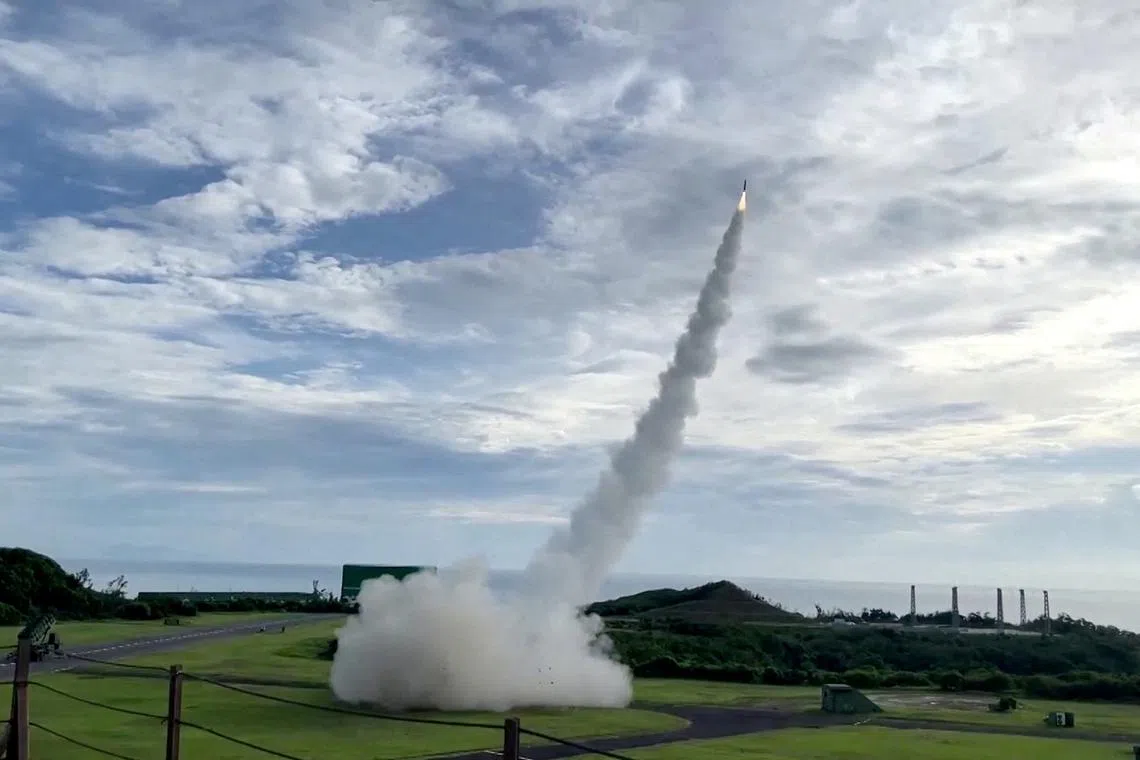 FILE PHOTO: A standard missile fires off a Patriot PAC-2 surface-to-air missile system during a military drill in Pingtung, Taiwan, in this screengrab taken from a video, August 20, 2024. Reuters TV via REUTERS/File Photo