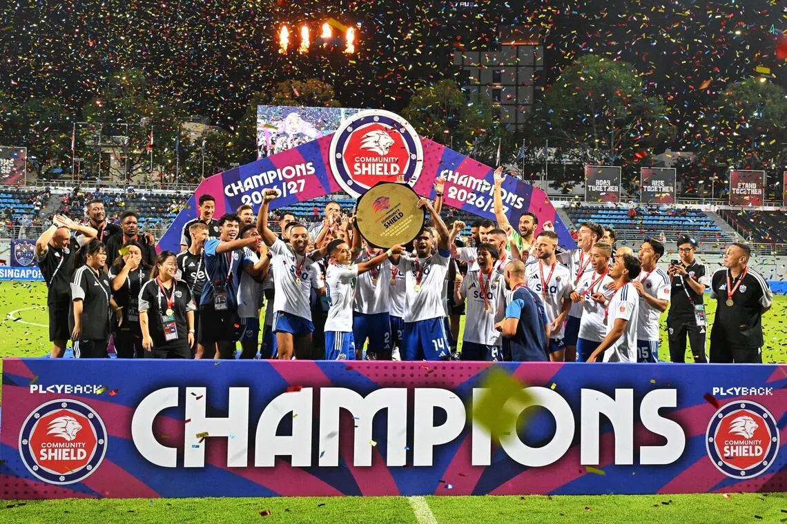 Lion City Sailors players lifting the trophy after defeating Tampines Rovers in the Community Shield match on Sept 6.