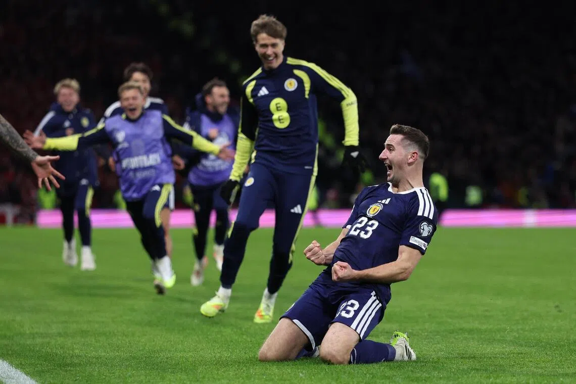 Scotland's Kenny McLean celebrates scoring their fourth goal in the 4-2 win over Denmark at Hampden Park, Glasgow in their   World Cup qualifier on Nov 18, 2025.