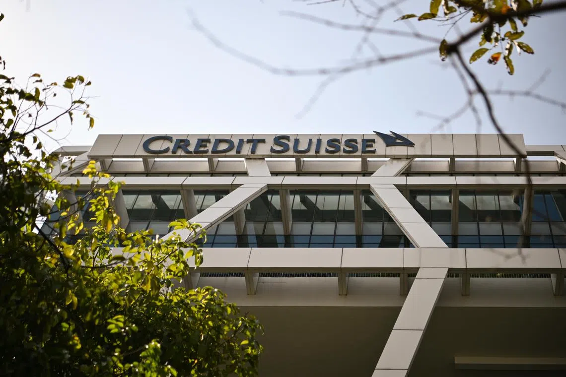 ST20230317-202354507895-Lim Yaohui-pixsuisse/
Logo of international financial services group Credit Suisse on the exterior facade of ONE@Changi City on Mar 17, 2023.
Singapore’s central bank has been in close contact with its counterpart in Switzerland, the Swiss Financial Market Supervisory Authority (Finma), over recent developments surrounding the troubled Credit Suisse Group.
In response to media queries, the Monetary Authority of Singapore (MAS) said on Mar 16 night that the Swiss bank’s Singapore branch has its main activities in private and investment banking, and does not serve retail customers.
(ST PHOTO: LIM YAOHUI)