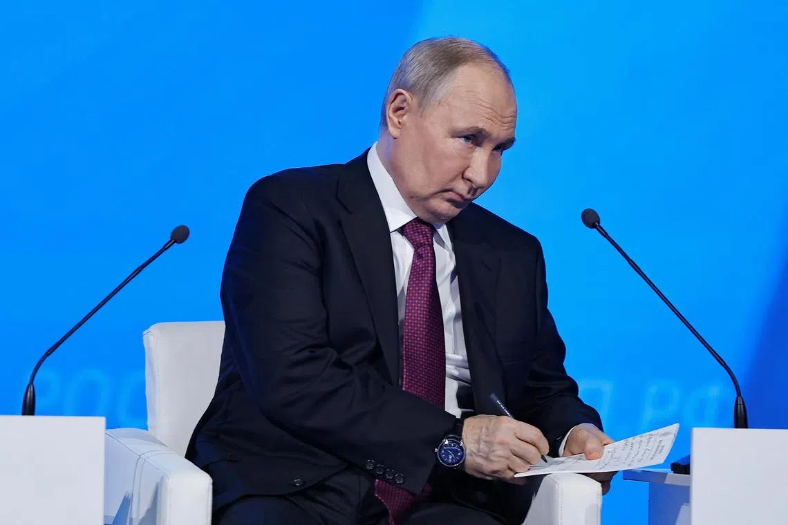 Russian President Vladimir Putin attends the Congress of the Russian Union of Industrialists and Entrepreneurs in Moscow, Russia April 25, 2024. REUTERS/Evgenia Novozhenina