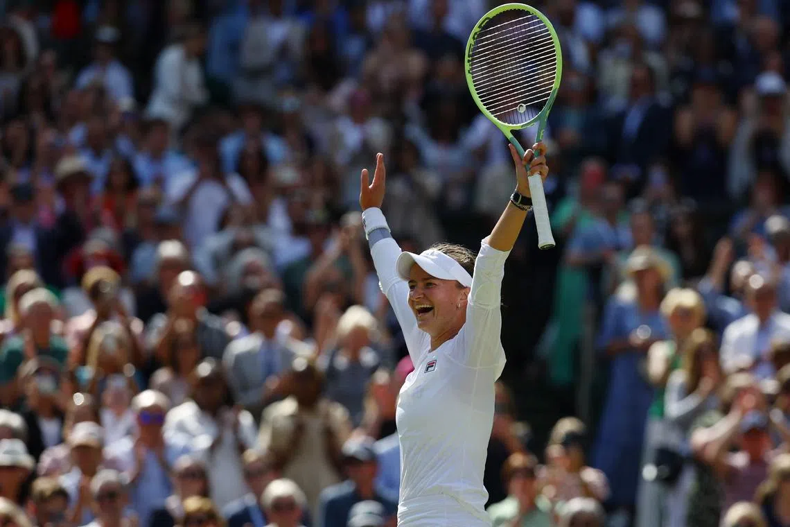 Tennis - Wimbledon - All England Lawn Tennis and Croquet Club, London, Britain - July 13, 2024 Czech Republic's Barbora Krejcikova celebrates winning the final against Italy's Jasmine Paolini REUTERS/Hannah Mckay