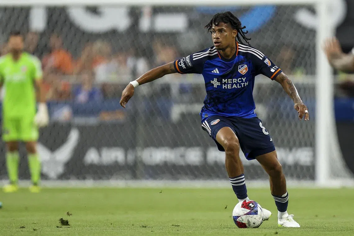 Jul 27, 2023; Cincinnati, OH, USA; FC Cincinnati midfielder Marco Angulo (8) dribbles against Chivas Guadalajara in the first half at TQL Stadium. Mandatory Credit: Katie Stratman-USA TODAY Sports/File Photo
