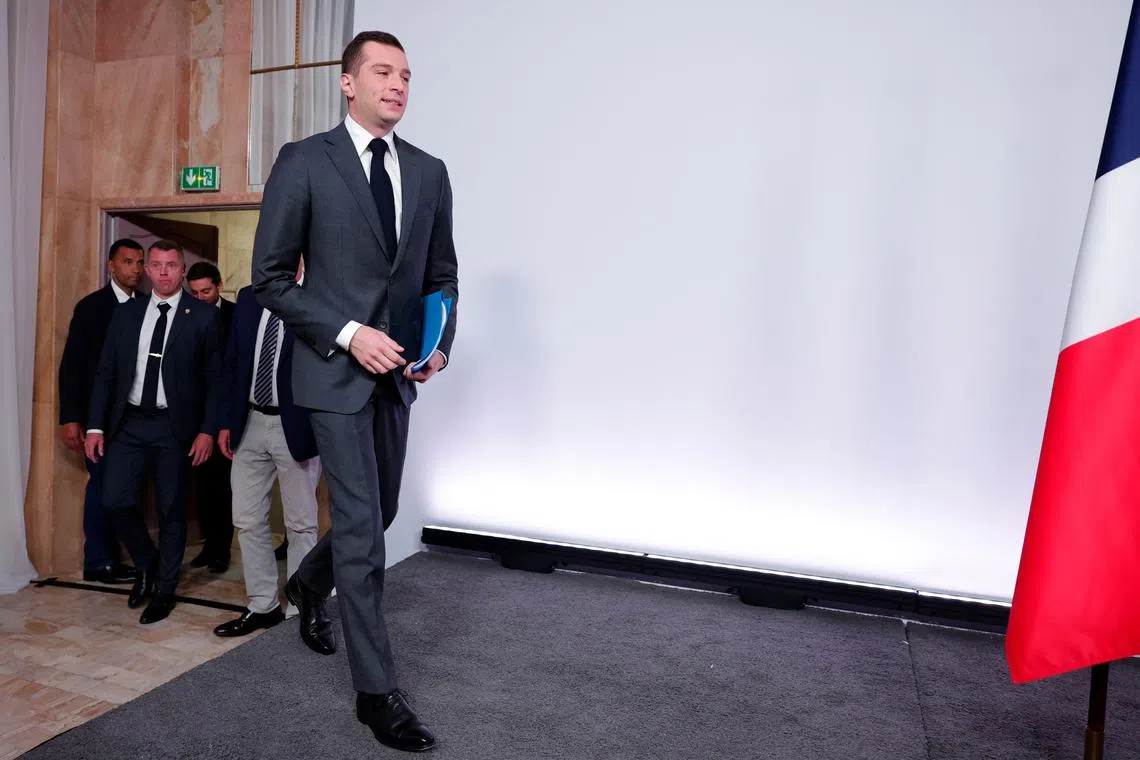 Jordan Bardella, President of the French far-right National Rally (Rassemblement National - RN) party, arrives to attend a press conference to present policy priorities as part of the campaign for the upcoming French parliamentary elections, in Paris, France, June 24, 2024. REUTERS/Gonzalo Fuentes