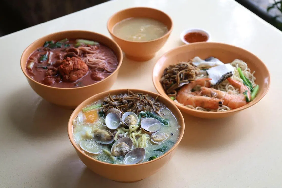Clockwise from top: Fermented Rice Residue Chicken Mee Sua, Seafood U-Mian and Lala Sheng Mian at Hai Xia Handmade Noodles.