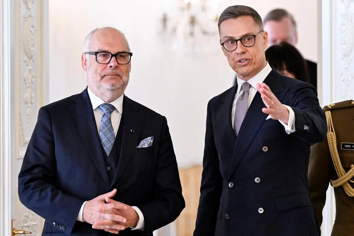 Estonia's President Alar Karis and Finland's President Alexander Stubb during the delegation meeting of the state visit of the Estonian presidential couple in the Presidential Palace in Helsinki, Finland, April 28, 2026. Lehtikuva/Emmi Korhonen/via REUTERS