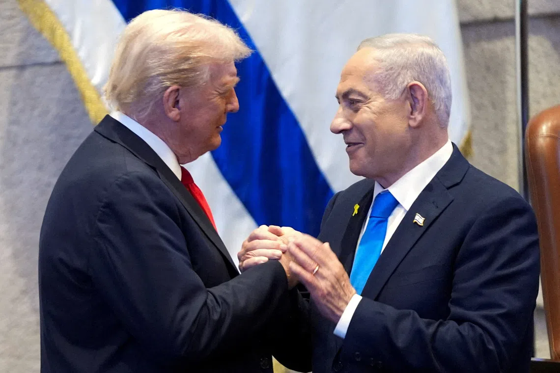 US President Donald Trump meeting Israel's Prime Minister Benjamin Netanyahu in Jerusalem on Oct 13.