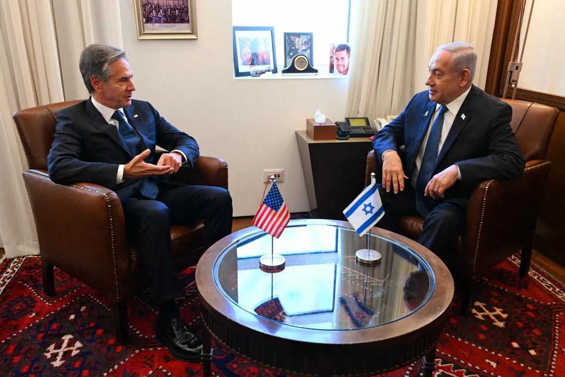 US Secretary of State Antony Blinken (left) met Israeli Prime Minister Benjamin Netanyahu in Jerusalem, on Oct 22.