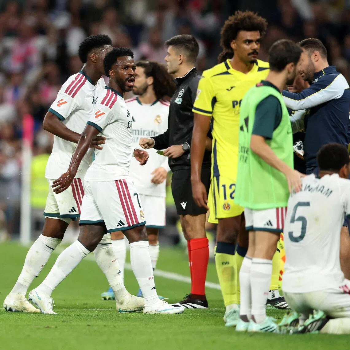 Real Madrid’s Vinicius Jr leaving the pitch after being sent off in their 1-0 win over Villarreal on Oct 10.