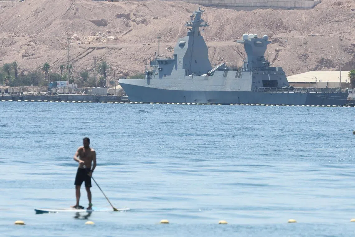 A German-made corvette of the Israeli navy sits at a dock at the Red Sea port city of Eilat, southern Israel.