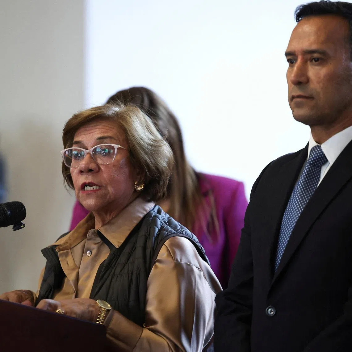 FILE PHOTO: Colombia's Foreign Minister Rosa Villavicencio, accompanied by Colombia's Minister of Defense Pedro Arnulfo Sanchez, speaks during a press conference about tariffs imposed by the Ecuadorian government, in Bogota, Colombia, January 27, 2026. REUTERS/Luisa Gonzalez/ File Photo