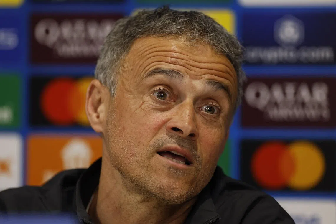 FILE PHOTO: Soccer Football - Champions League - Paris St Germain Press Conference - Anfield, Liverpool, Britain - March 10, 2025 Paris St Germain coach Luis Enrique during the press conference Action Images via Reuters/Jason Cairnduff/FIle Photo