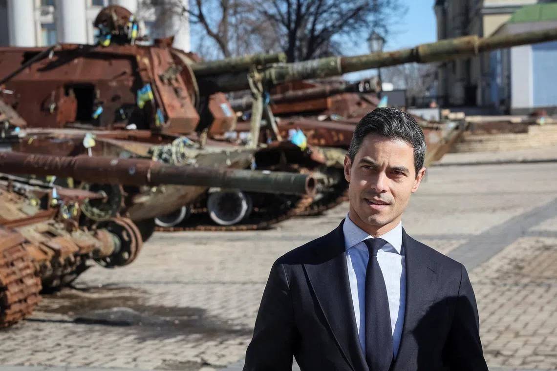 Dutch Prime Minister Rob Jetten visits an exhibition displaying destroyed Russian military vehicles, amid Russia's attack on Ukraine, in Kyiv, Ukraine March 8, 2026. REUTERS/Gleb Garanich