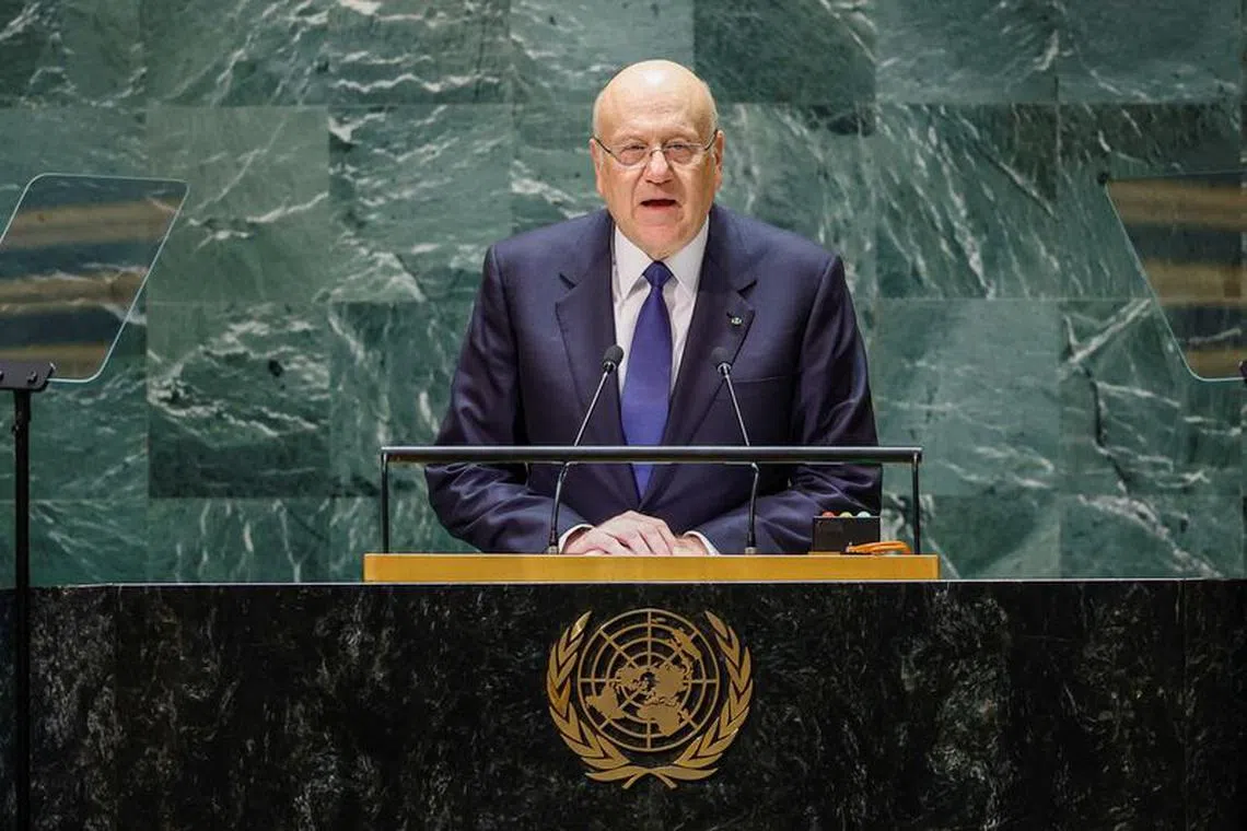 FILE PHOTO: Lebanon caretaker Prime Minister Mohammad Najib Azmi Mikati addresses the 78th Session of the U.N. General Assembly in New York City, U.S., September 20, 2023. REUTERS/Eduardo Munoz/File Photo