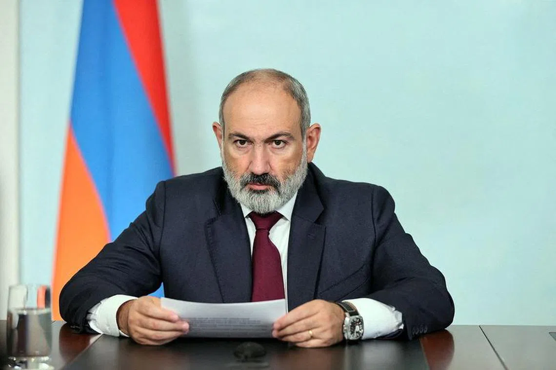 Armenian Prime Minister Nikol Pashinyan gives a televised address to the nation in Yerevan, Armenia, in this picture released September 24, 2023. Office of Prime Minister of Armenia/Handout via REUTERS/ File Photo