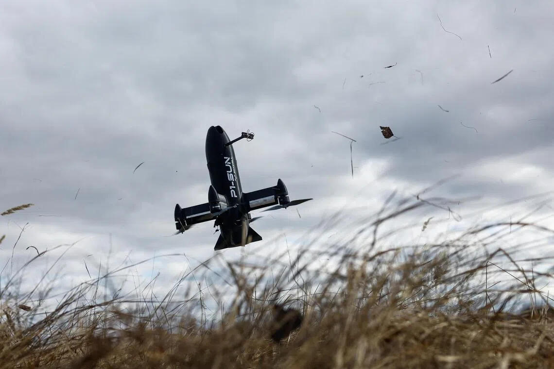 A Ukrainian P1-Sun FPV interceptor, designed to take down the Iranian-style Shahed drones fired by Moscow at Ukraine on a near-daily basis.