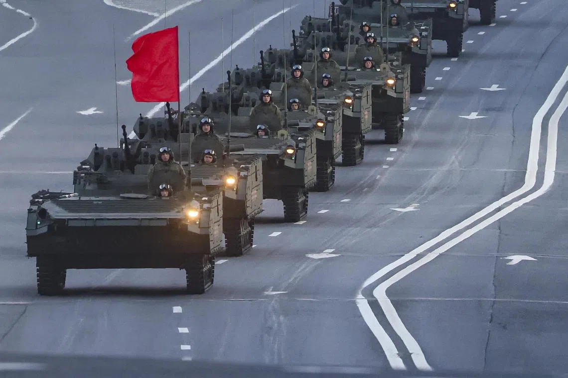 Russian military vehicles taking part in a rehearsal for the annual military parade, in downtown Moscow, on May 3.