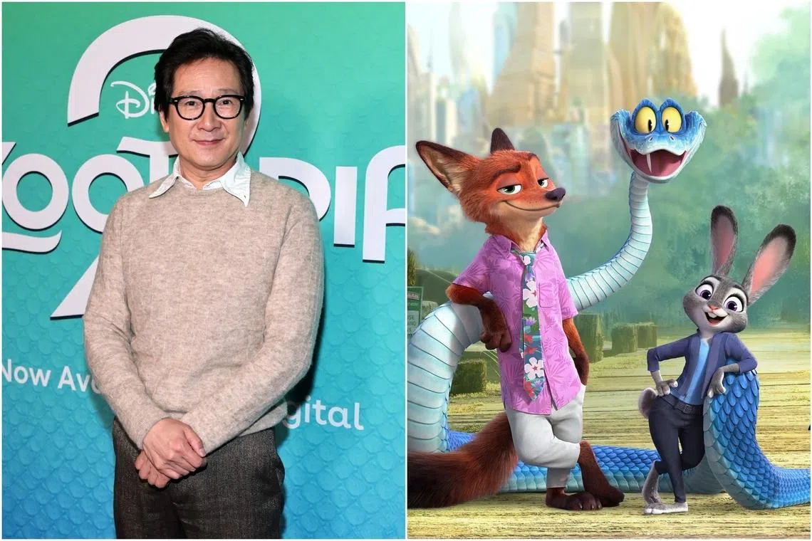 Ke Huy Quan (left) voices the friendly snake Gary in the animated hit movie Zootopia 2 (2025).