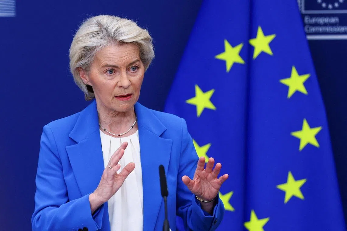 European Commission President Ursula von der Leyen speaks at a press conference in Brussels, Belgium, April 13, 2026. REUTERS/Yves Herman
