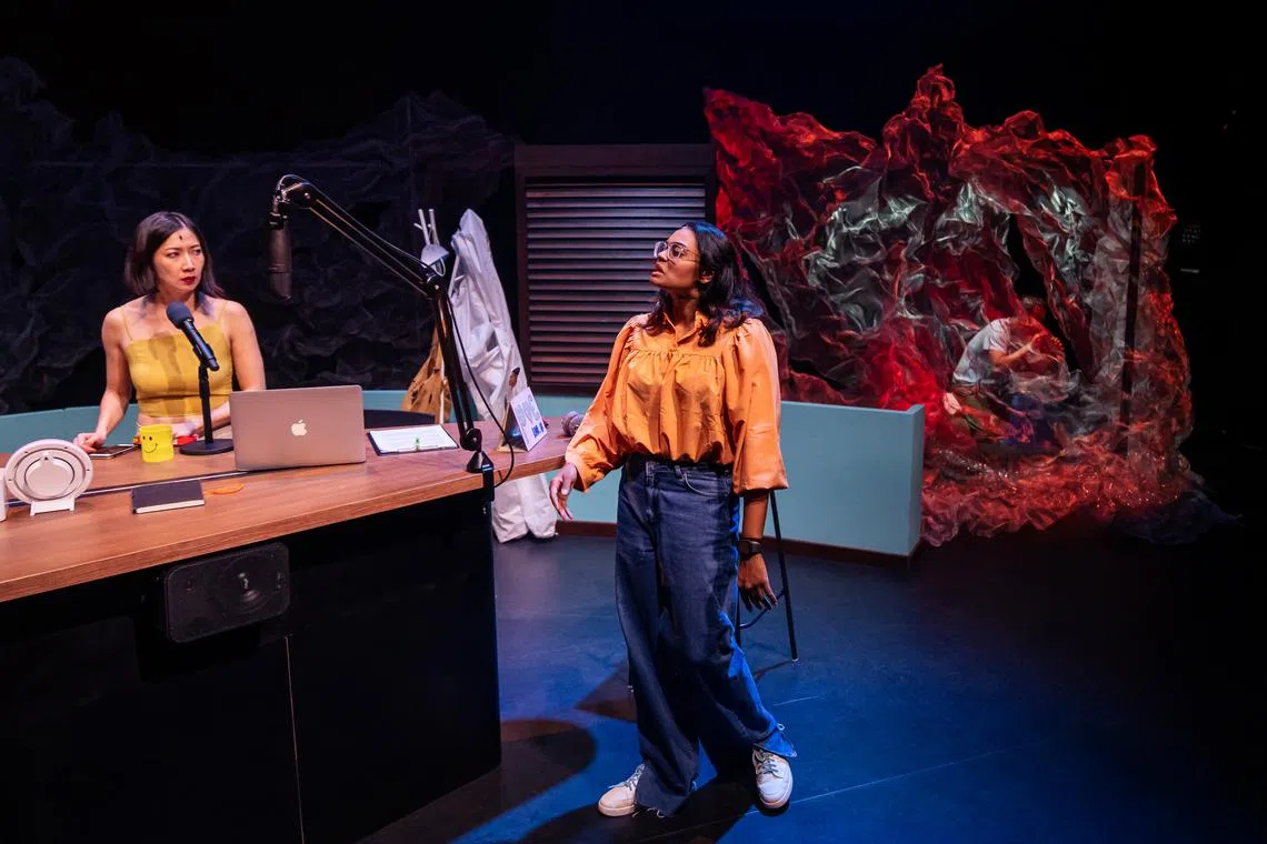 Actresses Jo Tan (left) and Rebekah Sangeetha Dorai play frenemies in the play Happy Place. 