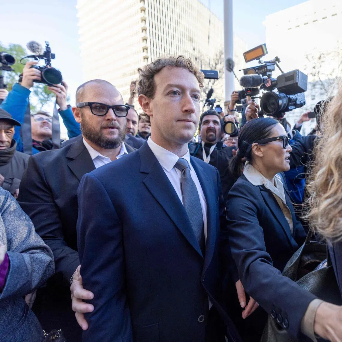 Meta Platforms chief Mark Zuckerberg (centre left) arriving at the Los Angeles Superior Court on Feb 18, in Los Angeles, California.