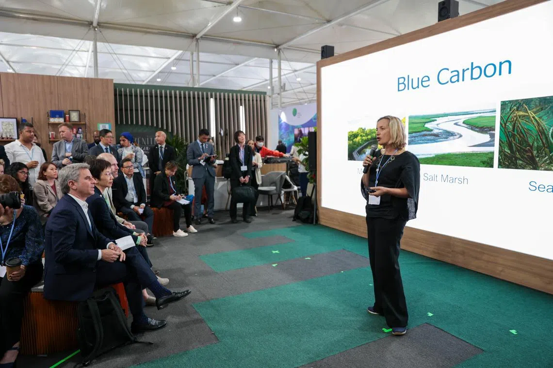 Ocean Science and Innovation Conservation International vice-president Emily Pidgeon (right) speaking at the launch of the International Blue Carbon Institute on Nov 14, 2022.