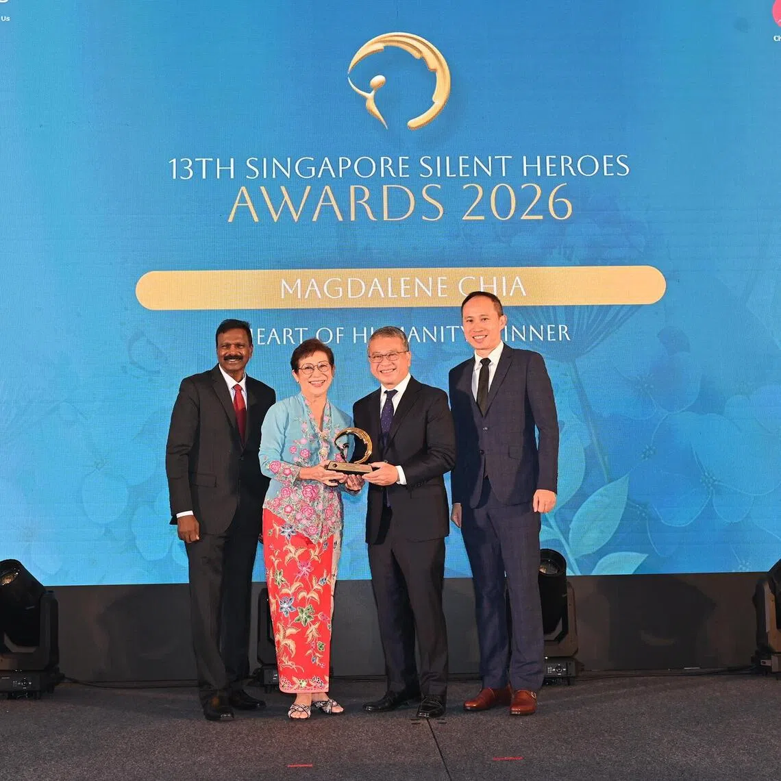 Magdalene Chia was one of five everyday individuals honored at the 13th Singapore Silent Heroes Awards, receiving the Heart of Humanity accolade.