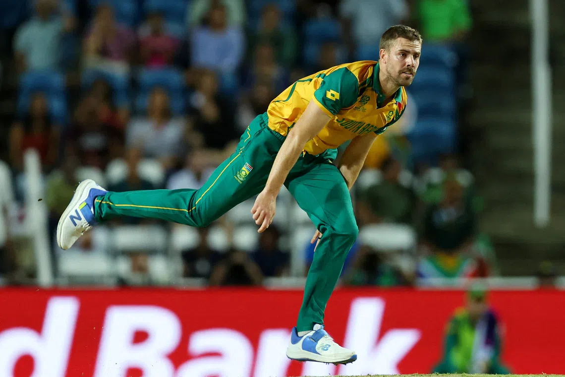 FILE PHOTO: Cricket - T20 World Cup - Semi Final - South Africa v Afghanistan - Brian Lara Stadium, Tarouba, Trinidad and Tobago - June 26, 2024 South Africa's Anrich Nortje in action REUTERS/Ash Allen/File Photo