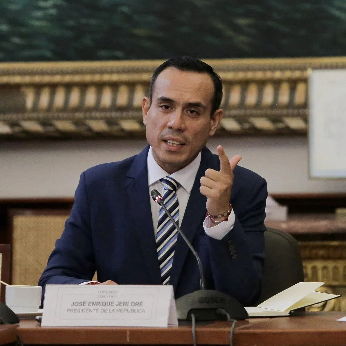 Peruvian President Jose Jeri testifies before a congressional committee to address undisclosed meetings with a Chinese businessman, a case that has intensified scrutiny over his government's transparency and accountability, in Lima, Peru, January 21, 2026. REUTERS/Gerardo Marin