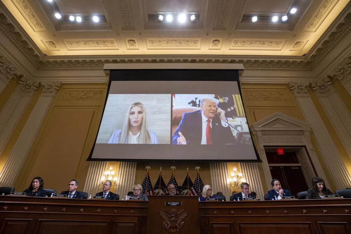 Ms Ivanka Trump (top left), former senior adviser to former US president Donald Trump (top right), displayed on a screen during a hearing of the Select Committee investigating the Jan 6 attack on the US Capitol in Washington DC on Dec 19, 2022.  