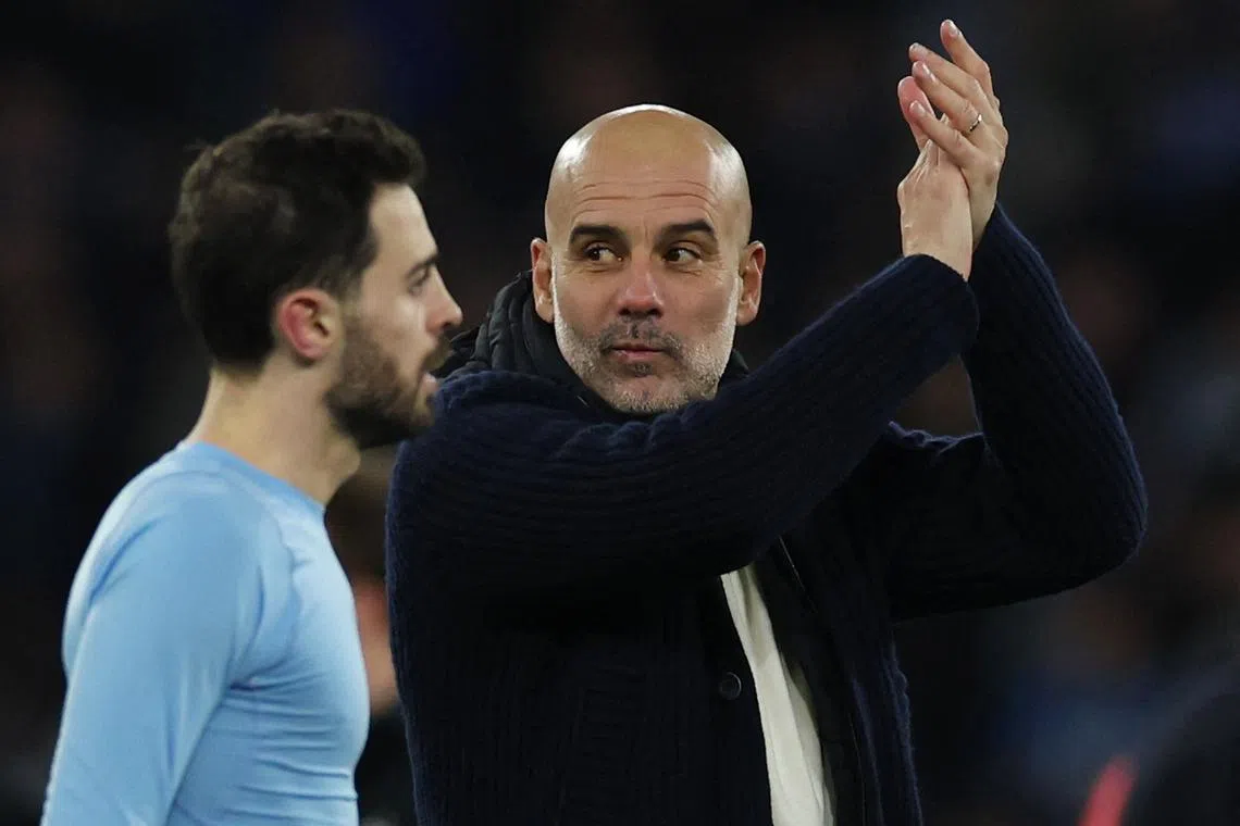 Soccer Football - Champions League - Manchester City v Club Brugge - Etihad Stadium, Manchester, Britain - January 29, 2025 Manchester City manager Pep Guardiola celebrates after the match REUTERS/Phil Noble