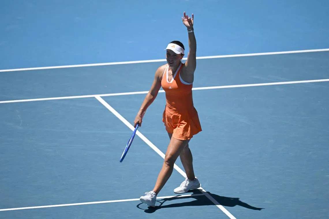 Tennis - Australian Open - Melbourne Park, Melbourne, Australia - January 26, 2026 Jessica Pegula of the U.S. celebrates after winning her fourth round match against Madison Keys of the U.S. REUTERS/Jaimi Joy