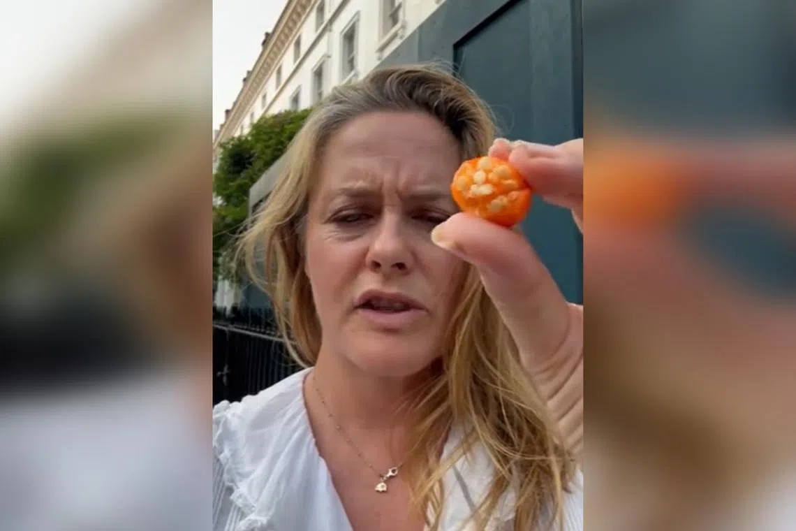 Alicia Silverstone shows viewers a fruit that resembles an orange cherry tomato and asks for help to identify what it is. 