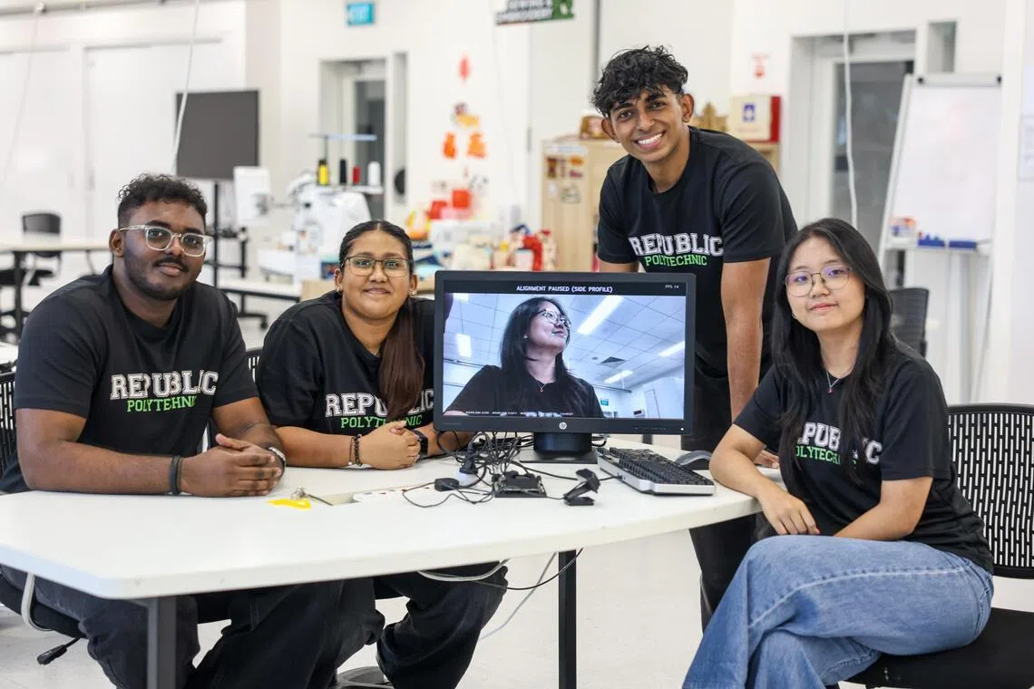 Republic Poly students (from left) Sasindren Jaya Sanger, Sarah Beegam Saju, Ashwin Manikandan, and Tan Jia Ling Jolin, with their AI-powered stroke detection system.