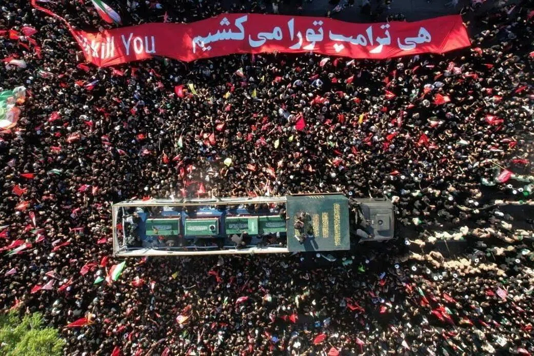 A vehicle transporting the coffin of Iran’s late supreme leader Ayatollah Ali Khamenei and the coffins of his family members, to their burial in Mashhad, Iran, on July 9.