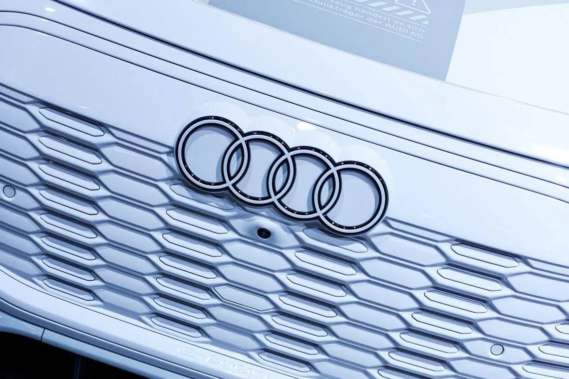 FILE PHOTO: The logo of Audi is seen on the Audi Q6 e-tron displayed during an event a day ahead of the official opening of the 2023 Munich Auto Show IAA Mobility, in Munich, Germany, September 4, 2023. REUTERS/Leonhard Simon/File Photo