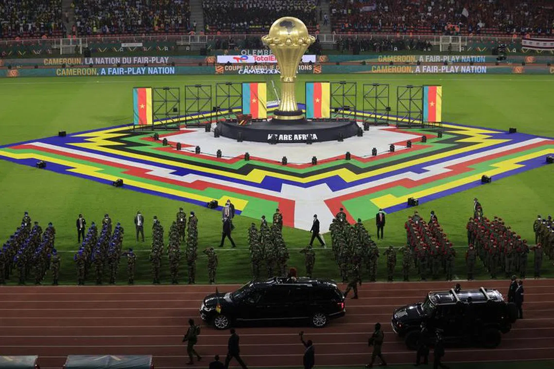 FILE PHOTO: Soccer Football - Africa Cup of Nations - Final - Senegal v Egypt - Olembe Stadium, Yaounde, Cameroon - February 6, 2022 A giant replica of the Africa Cup of Nations trophy is displayed on the pitch before the match REUTERS/Thaier Al-Sudani/File Photo