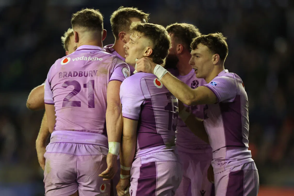 Rugby Union - Autumn Internationals - Scotland v Unites States - Murrayfield Stadium, Edinburgh, Scotland, Britain - November 1, 2025 Scotland's Jamie Dobie celebrates scoring their twelfth try with teammates REUTERS/Russell Cheyne