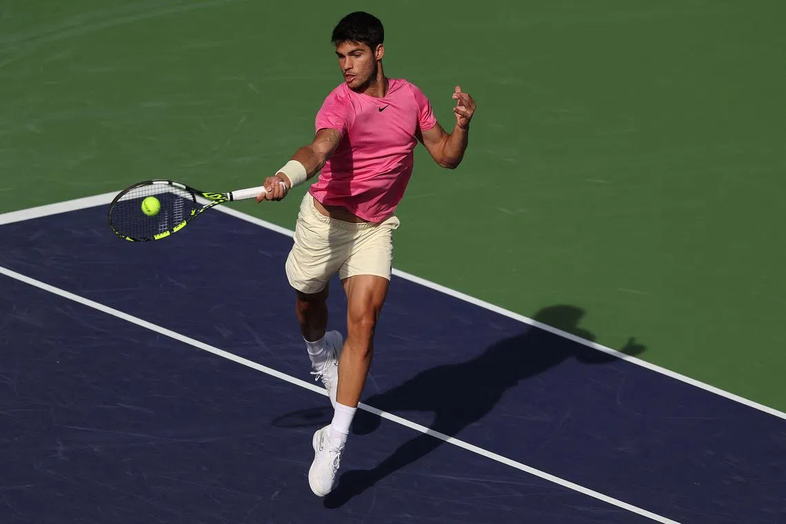 Carlos Alcaraz of Spain in action in his Indian Wells semi-final against Jannik Sinner of Italy on Saturday. The world No. 2 won er 7-6 (7-4), 6-3.