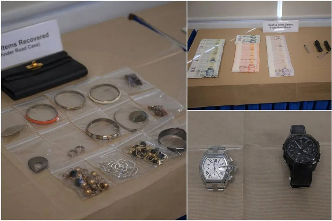 The police recovered two watches worth about $8,800 in total, a branded pouch worth about $5,000, about $3,570 in cash and an assortment of jewellery.