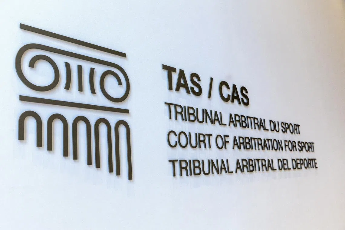 A logo is pictured on the new headquarters for the Court of Arbitration for Sport (CAS), an independent institution that resolves around 900 legal disputes in the field of sport through arbitration and mediation, in Lausanne, Switzerland, June 27, 2022.  REUTERS/Denis Balibouse