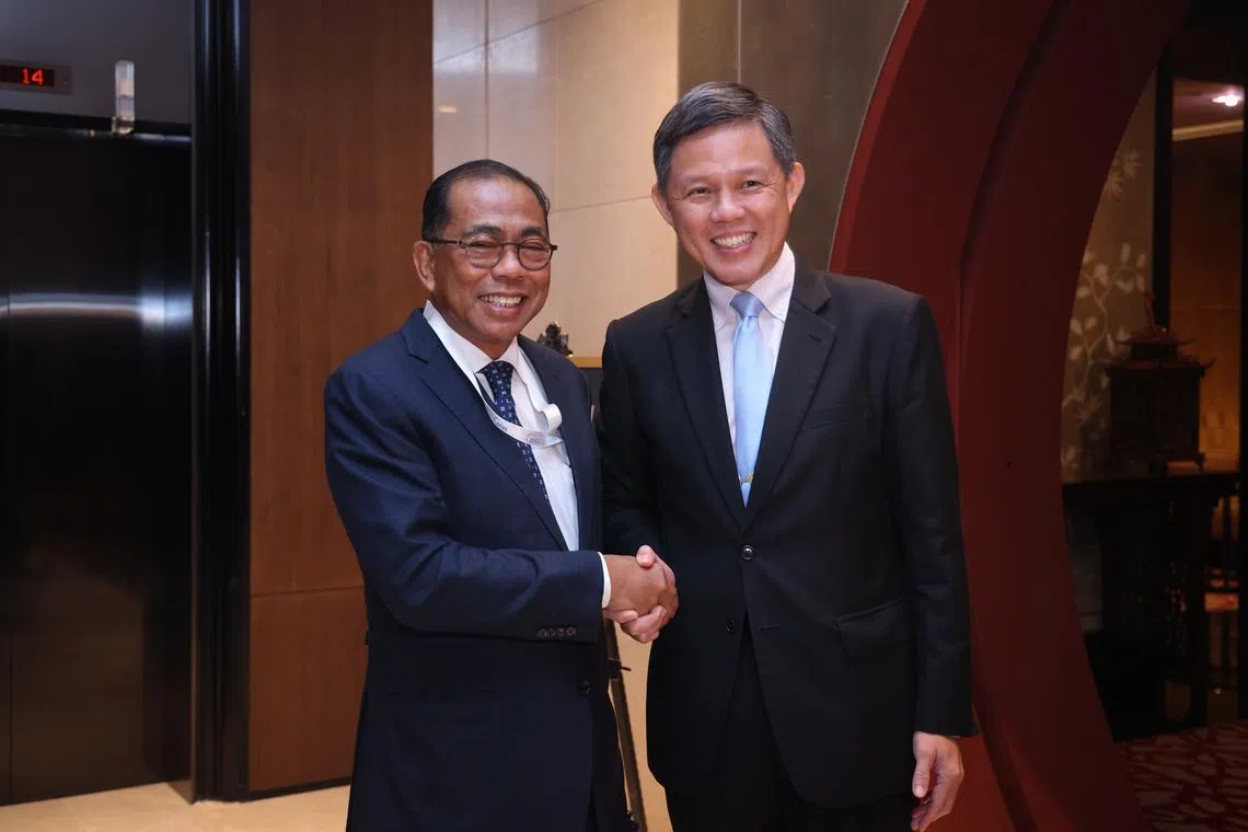 Defence Minister Chan Chun Sing meeting Malaysian Defence Minister Mohamed Khaled Nordin on the sidelines of the Shangri-La Dialogue on May 30.