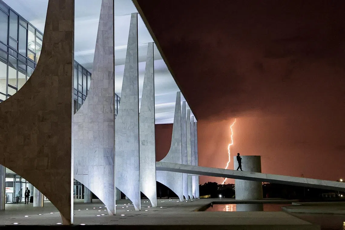 Lightning illuminating the sky above the Planalto Palace in Brasilia, Brazil Sept 28.
