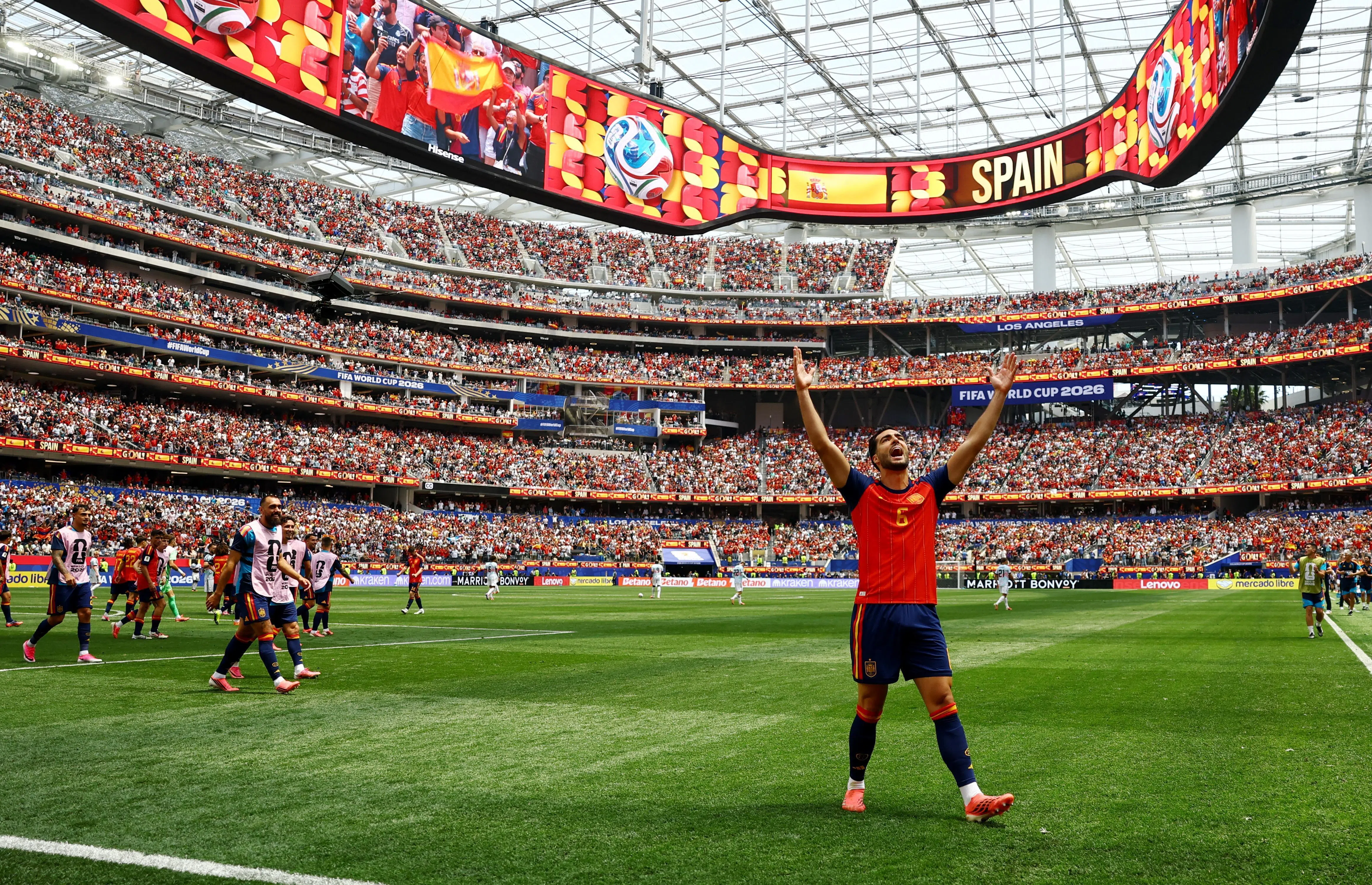 Soccer Football - FIFA World Cup 2026 - Quarter Final - Spain v Belgium - Los Angeles Stadium, Inglewood, California, U.S. - July 10, 2026
Spain's Mikel Merino celebrates scoring their second goal REUTERS/Kai Pfaffenbach