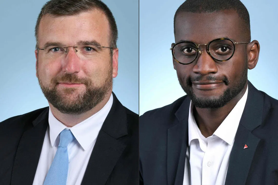Far-right MP Gregoire de Fournas (left) told leftist colleague Carlos Martens Bilongo that migrants rescued at sea should "go back to Africa".