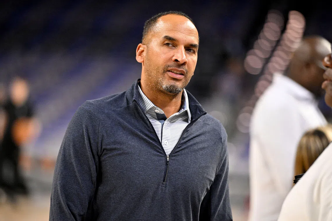 FILE PHOTO: Oct 6, 2025; Fort Worth, Texas, USA; Dallas Mavericks general manager Nico Harrison looks on before the game against the Oklahoma City Thunder at Dickie's Arena. Mandatory Credit: Jerome Miron-Imagn Images/File Photo