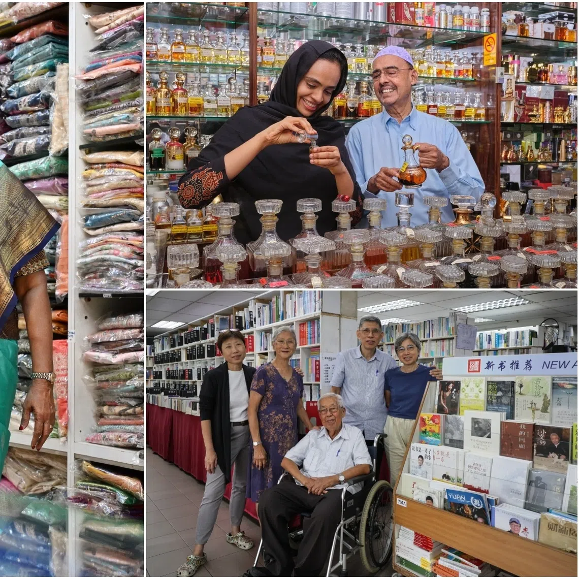(Clockwise from left) Mrs Rani Kumar, Dakshaini Silks’ founder and managing director; Mr Haji V. Syed Mohamed, managing director of VSS Varusai Mohamed & Sons; and Maha Yu Yi's manager Sung Yuen Ling, Ms Goh Mui Keow, founder Sung Teo Chu, managing director Sung Jee Tong and account manager Toh Lay Tin.