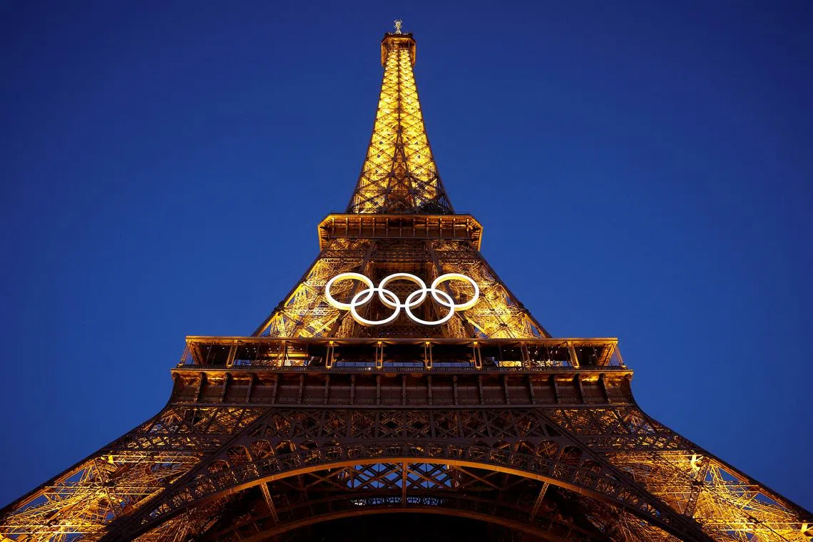 FILE PHOTO: The Olympic rings are displayed on the first floor of the Eiffel Tower ahead of the Paris 2024 Olympic games in Paris, France, June 7, 2024 REUTERS/Christian Hartmann/File Photo