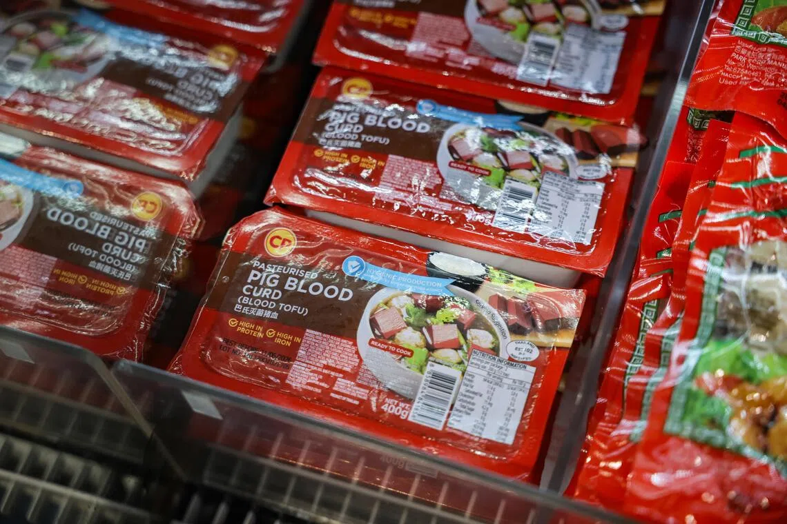 Packs of CP Foods’ Pig Blood Curd on display at FairPrice Xtra in Ang Mo Kio Hub on June 4.